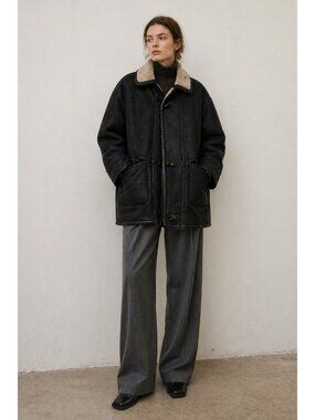 Vintage Suede Shearling Jacket Unisex L Black Sheepskin Coat MADISKIN